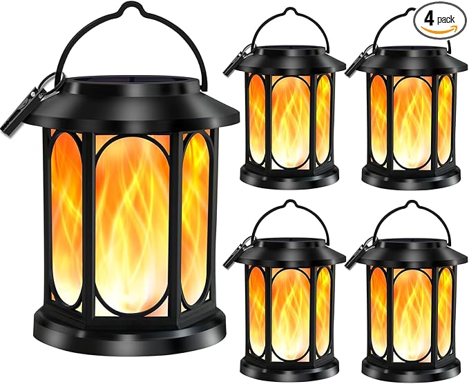 Solar Outdoor Lanterns Light Flickering Flame, Waterproof Outdoor Lanterns for Halloween Patio Garden Yard Deck Pathway, 4 Pack