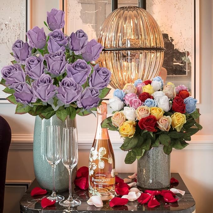 Artificial Realistic Roses Lilac Flowers 24" Real Touch Silk Roses Bouquet Long Stems Rose Fake Roses Decor for Home Party Wedding Table Centerpieces Roses Realistic - 5 Pcs