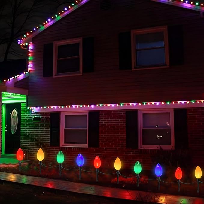 Jumbo C9 Christmas Pathway Lights Outdoor, 2 Pack 7FT C9 Christmas Walkway Lights with 4 LED Jumbo Multicolor Bulbs, Christmas Yard Decoration Lights for Outside Lawn Garden Driveway, 8 Lights