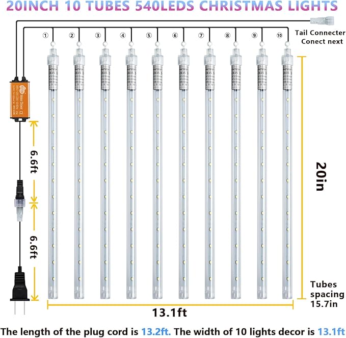 Meteor Shower Lights, Christmas Lights, 20 Inch 10 Tube 540 LED Rain Falling Icicle Cascading Lights for Xmas Tree Halloween Patio Garden Roof Eaves Decoration