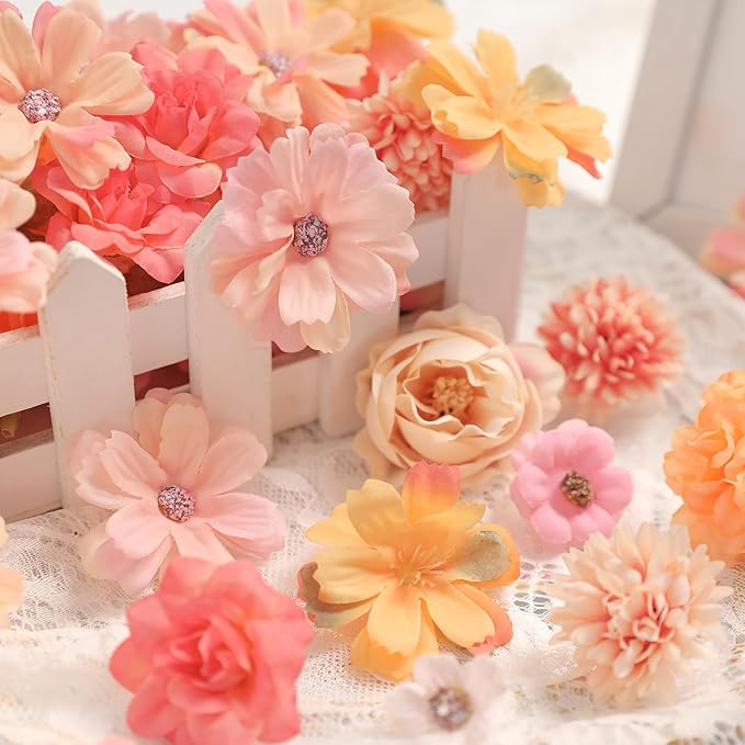 Small Artificial Flower Heads 2-4 cm, Fall Silk Faux Orange Peony Daisy Rose, for DIY Crafts, Wedding Garland, Graduation Cap, Cake Topper & Home Decoration (125, Orange)