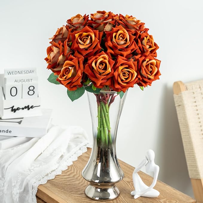 Fake Roses Faux Flowers Silk Roses Artificial Roses with Stems Realistic Artificial Flowers 16.5In Suitable for Indoor Home Decoration DIY Bouquet Wedding Decor Party Decor (Orange) 12PCS