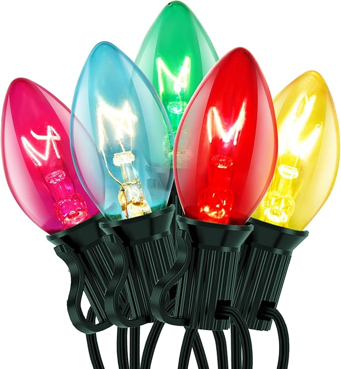 C7 Christmas Lights Outdoor, 25Ft Vintage Christmas String Lights with 27 Multicolor Clear Bulbs, Hanging Christmas Decorations Lights for Outdoor Indoor Roofline House Garden Patio Party Holiday