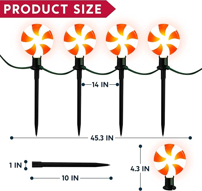 Joiedomi Set of 14 Christmas Lollipop Pathway Lights Outdoor with Stakes and Clips, 14.3 FT Plug in Peppermint Walkway String Lights for Christmas Decoration, Yard, Pluggable, Hangable, Waterproof