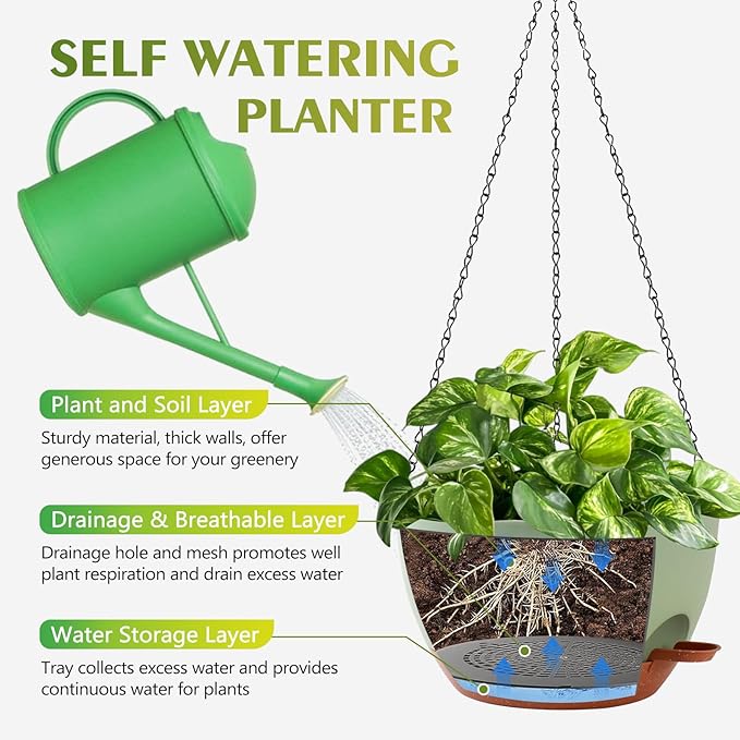 GARDIFE Hanging Planters for Indoor Outdoor Plants, 2 Pack Self Watering Hanging Pot with Drainage Holes & Removable Tray (Green, 10 inch)