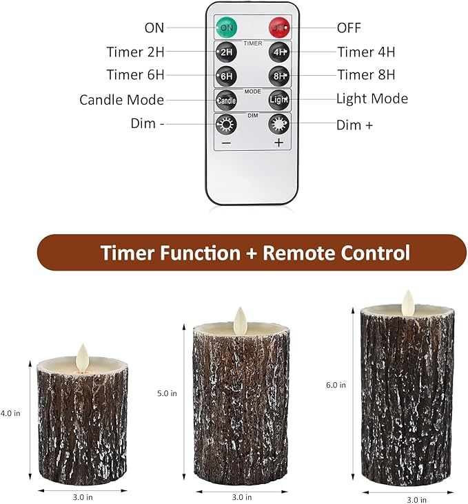 JOSU LED Flameless Candles Pine Bark Effect, Battery Operated Candles with Remote Control, LED Fake Candles, 4" 5" 6" Pack of 3, for Wedding Decor, Table Decor, Home Decoration Gifts (Pine Bark)