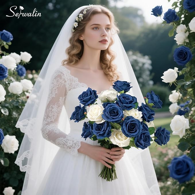 Serwalin 20pcs Navy Blue Artificial Roses, 4" Real Touch Silk Velvet Flowers, Long Stems Bouquet for Wedding, Home Decor, Table Centerpieces