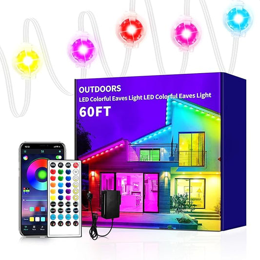Permanent Outdoor Lights,60ft RGB Eave Light with App Control Remote,IP67 Waterproof LED Lights,Music Sync Outside Light for Christmas,Halloween,Garden,House Decorations