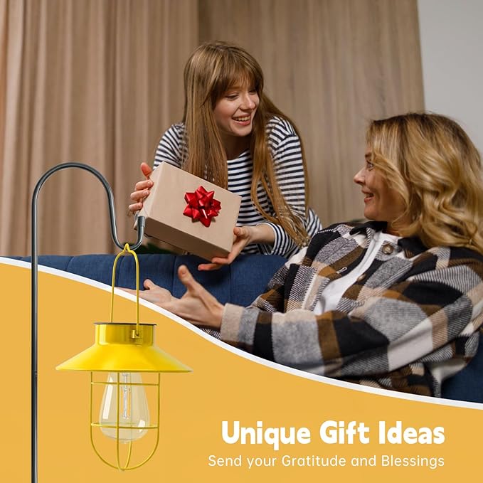 Solar Lights Lantern Lamp with Shepherd Hook, Solar Metal lanterns, outdoor lights decor, Water resistant Edison Bulb Lights for Garden ,outside decor for pathways,patio, lawn, or landscaping (Yellow)