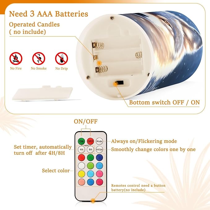 Flickering Flameless Candles, Wolf Snowy LED Candles with Remote Timer, Set of 2 Battery Operated Candle for Valentine Wedding Birthday