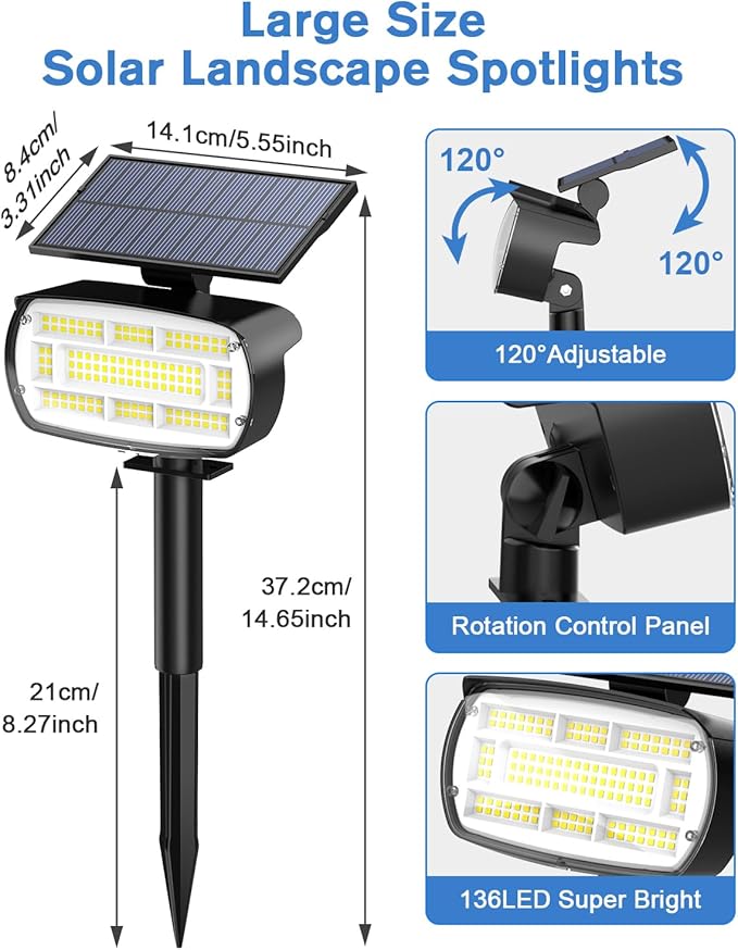 Fabrito Solar Spot Lights Outdoor 136 LEDs, Large Area Lighting Solar Lights Outdoor, 2 Pack IP65 Waterproof Landscape Spotlights Auto On/Off for Yard, Garden, Pathway, Plants,Tree (Cool White)