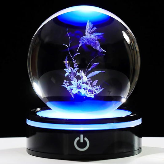 YWHL 3D Hummingbird Figurine Crystal Ball with Light Base, Hummingbird Gifts for Women Men on Christmas Birthday, 3D Laser Engraved Hummingbird Ornament Glass Decorative Ball for Home Office (80mm)