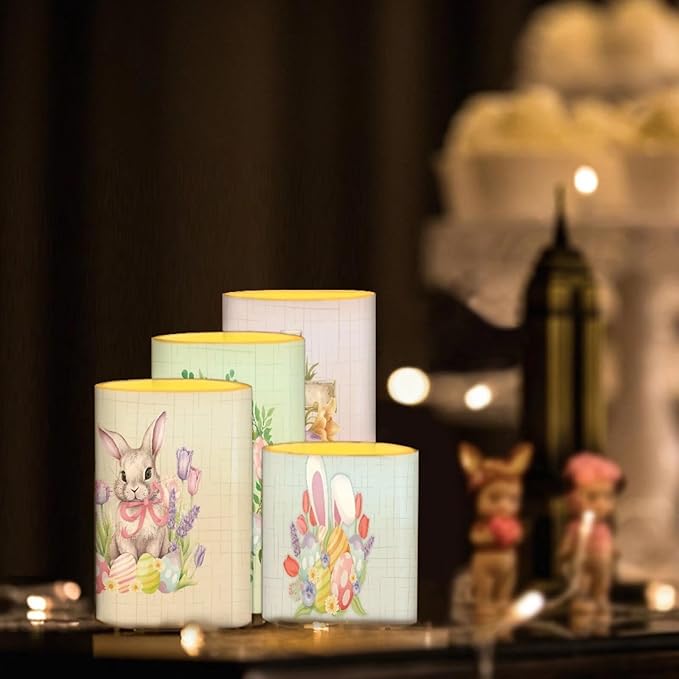 Flameless LED Battery Candles Waterproof Pillar Candles Tealights with 18-Key Timer Remote Colorful Lights for Indoor Outdoor Party Home Easter Decorations, Easter Bunny Egg Floral Retro