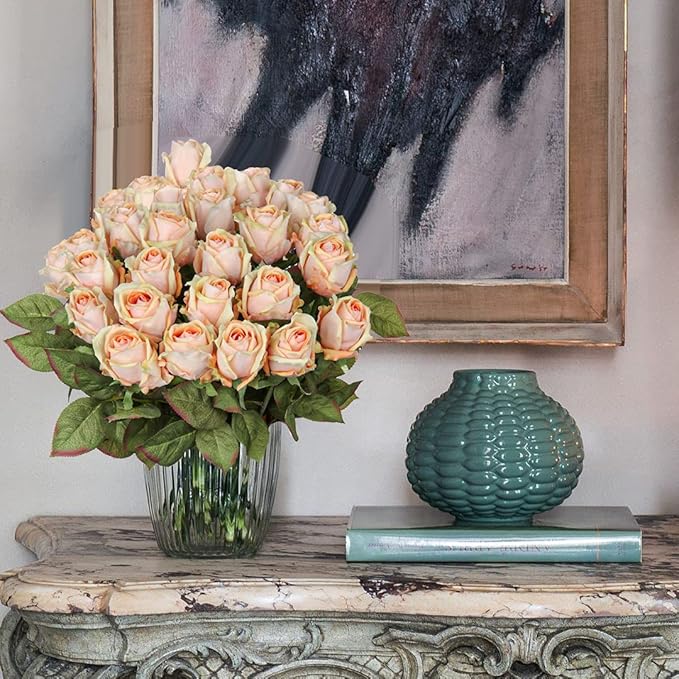Artificial Realistic Roses Peach Flowers 24" Real Touch Silk Roses Bouquet Long Stems Rose Fake Roses Decor for Home Party Wedding Table Centerpieces Roses Realistic - 5 Pcs