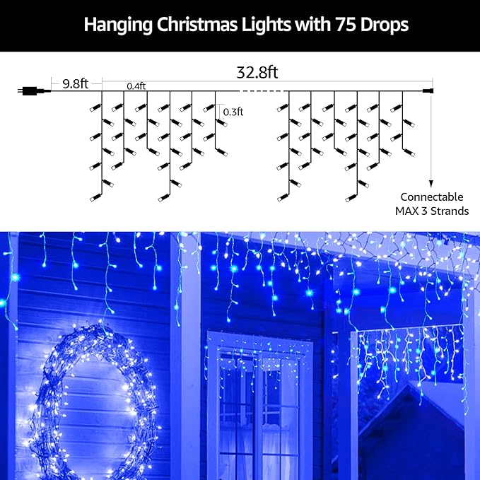Led Christmas Lights Outdoor Christmas Decorations Hanging Lights 400LED 8 Modes 75 Drops, Waterproof Outdoor Indoor Fairy Christmas Lights for Party, Holiday, Wedding Decorations (Blue)