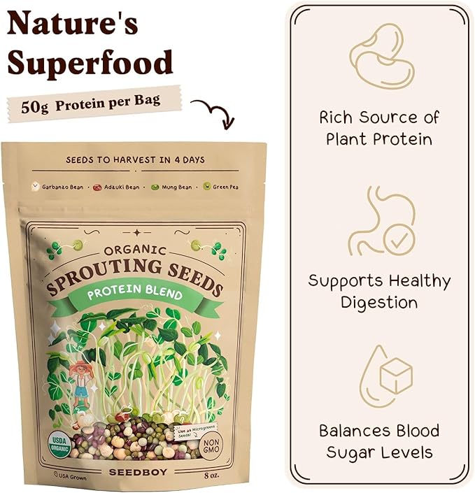 Seedboy Organic Sprouting Seeds - Protein Blend Variety - Non-GMO, USA Grown Microgreens Mix - Garbanzo, Mung, Adzuki Beans, Green Pea - Makes 2 Quarts of Sprouts, 12 Servings (8 oz) (Protein Blend)