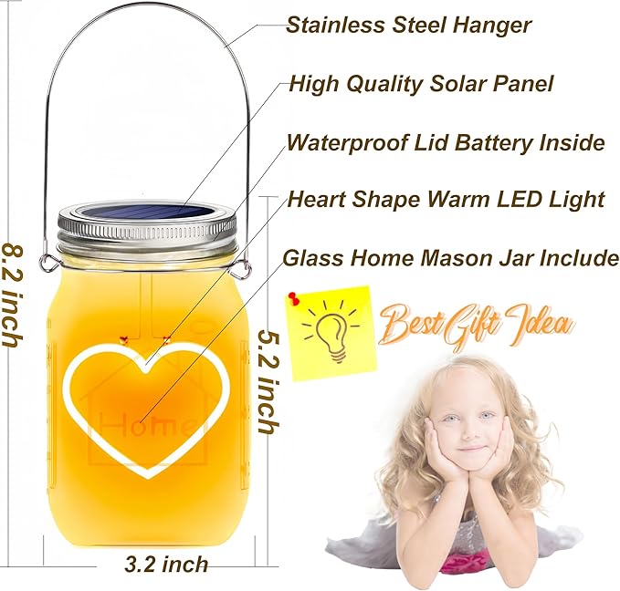 Hanging Solar Mason Jar Lights, 2 Pack Warm Heart Shape Led Lights, Solar Powered Lanterns Outdoor Waterproof, Hangers and Jars Included, Gift for Lover, Home Party Wedding Garden Patio Decor (2)