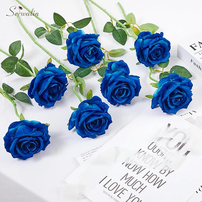 Serwalin 20pcs Artificial Roses, 4'' Big Flower Head, Blue Velvet Roses, Silk Fake Roses Long Stem Bouquet for and Wedding Arrangements Table Centerpiece