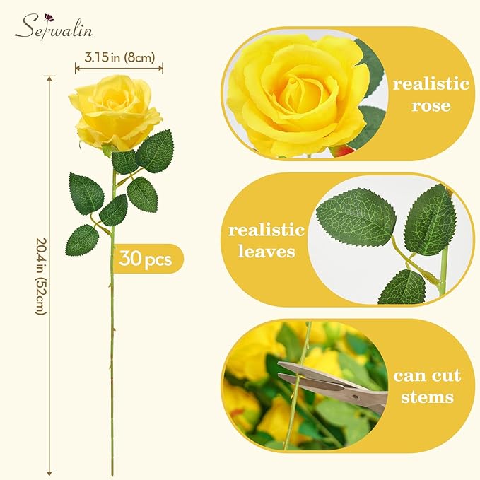 Serwalin ﻿30pcs Artificial Yellow Roses, Realistic Silk Roses Fake Long Stem Artificial Roses for Mother,Wedding Bouquet Table Centerpieces Party Home Birthday Graduation Decorations