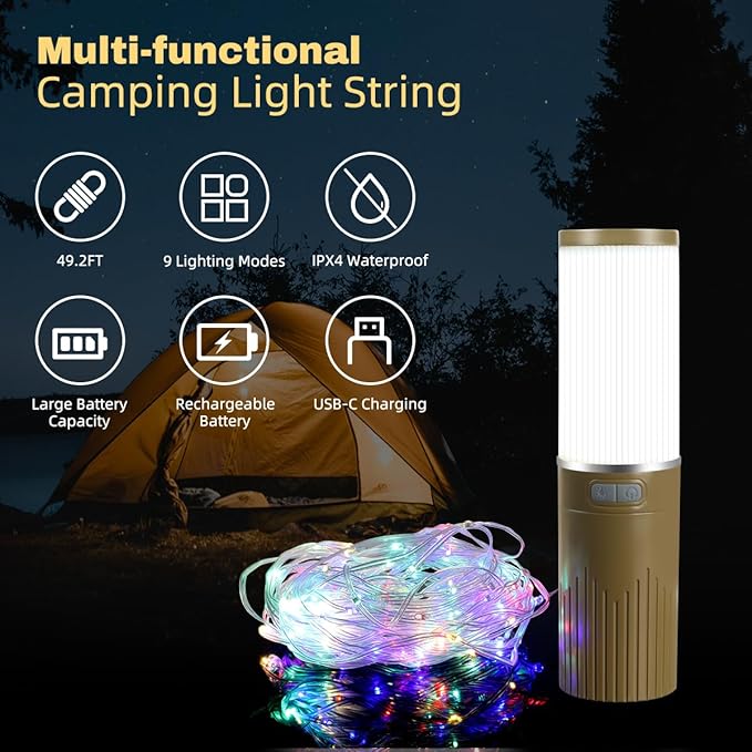Camping Lantern with 49.2FT String, 2 in 1 Outdoor RGB String Lights with 4 Modes & 5 Modes Rechargeable Camping Lamp IPX4 Waterproof Portable LED Tent Light for Outdoor Yard Garden Decoration