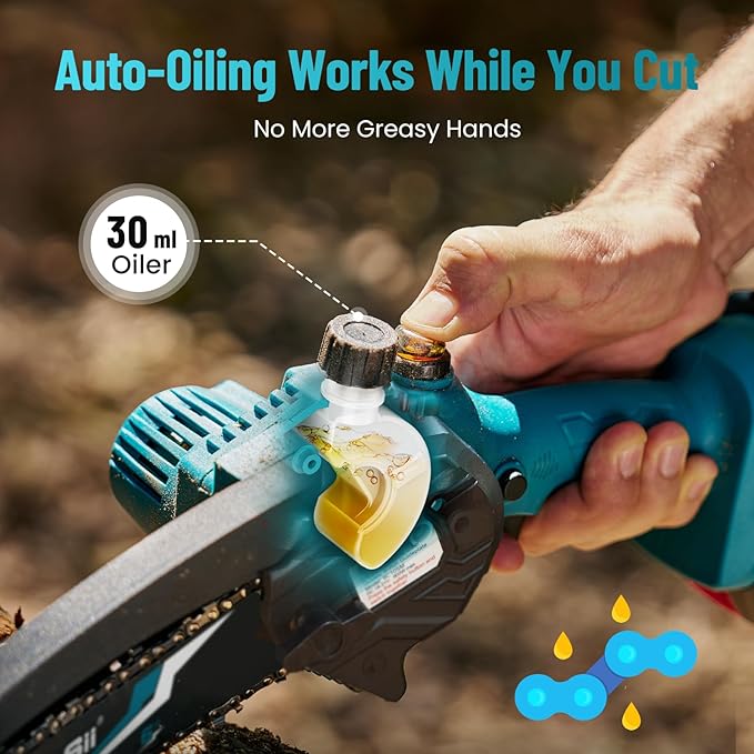 SEESII Mini Chainsaw 6 inch,Cordless Chainsaw w/ 2x2000mAh Batteries,Oiler System & Replacement Chain,Handheld Electric Chain Saw w/Safety Lock,Battery Powered Chainsaw for Wood Tree Cutting, CH600+