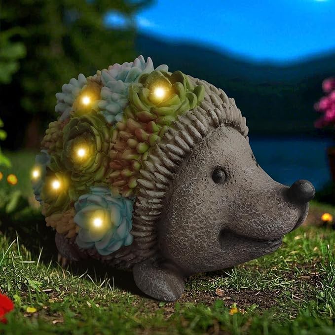 Outdoor Solar Garden Hedgehog Statue Decorative Lawn Statue with Succulents and 7 LED Lights for Garden, Outdoor Patio and Terrace, Birthday Gift for Women, Unique