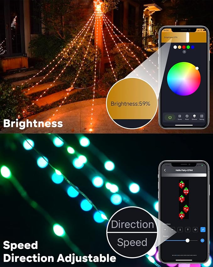 Outdoor Christmas Decorations Lights with Star, Smart DIY Custom Display 11.8Ft 64 Modes Yard Waterfall Tree String Lights, App Control 344LED RGB Color Changing Music Timer for Xmas Tree Lawn Decor