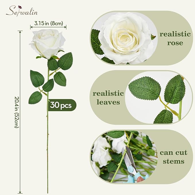 Serwalin 30PCS Artificial White Roses, Fake Silk Roses with Long Stems, Realistic Roses Flowers for Wedding Centerpieces Bridal Bouquet Party Home Office Decor