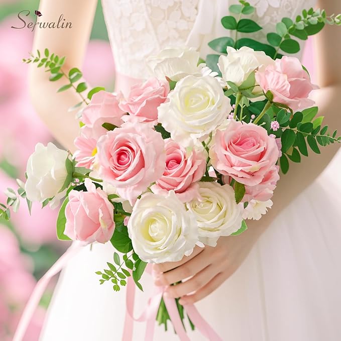 Serwalin 20pcs Artificial Pink & White Roses, 4'' Big Flower Head, Fake Velvet Roses, Silk Roses Long Stems Realistic Bouquet for Wedding Parties Table Centerpiece and Home Decor