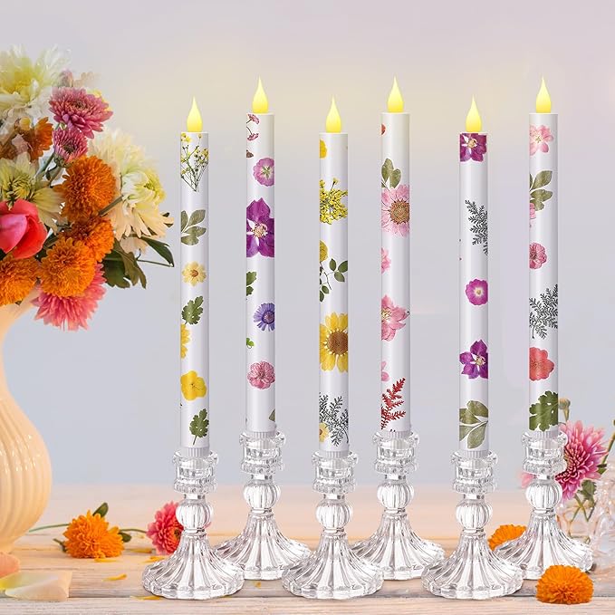 Nuanchu 6 Pcs Floral Taper Candles 10.6 Inch Pastel Flameless Candle Battery Operated Dried Flower Candlestick LED Pressed Floral Candlestick for Summer Home Wedding Dining Garden Party Decoration