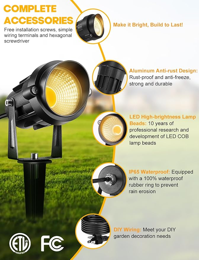 12W Landscape Lighting - Warm White Plug in Outdoor Landscape Light IP65 Waterproof 120V Lawn Flag Light Christmas Halloween Decorative Spotlight for Tree Outdoor Indoor Yard Garden, 2 Packs