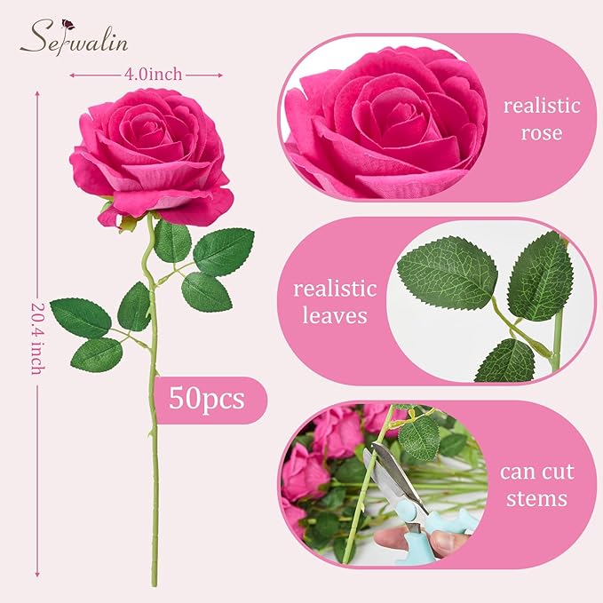 Serwalin 50pcs Artificial Roses Bulk, 4'' Big Velvet Flower Head, Hot Pink Rose Velvet Real Touch, Silk Fake Roses Long Stems Realistic Bouquet for Wedding Table Centerpiece and Home Decor