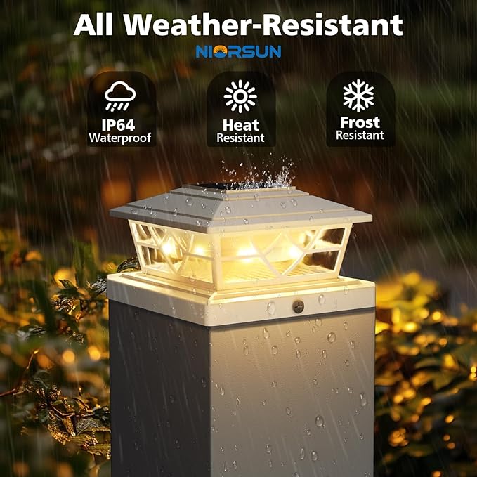 NIORSUN Solar Post Lights Outdoor 4 Pack, 2 Modes LED, Deck Fence Post Solar Lights for 3.5x3.5 4x4 5x5 5.5x5.5 Caps Patio Garden Decoration, White