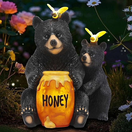 Solar Garden Decor Statues 7" Resin Mother&Cub Bear Figurines with Honey Jar Waterproof Black Bear Decor for Outside Yard Patio Porch Decoration Gift for Mom Grandma