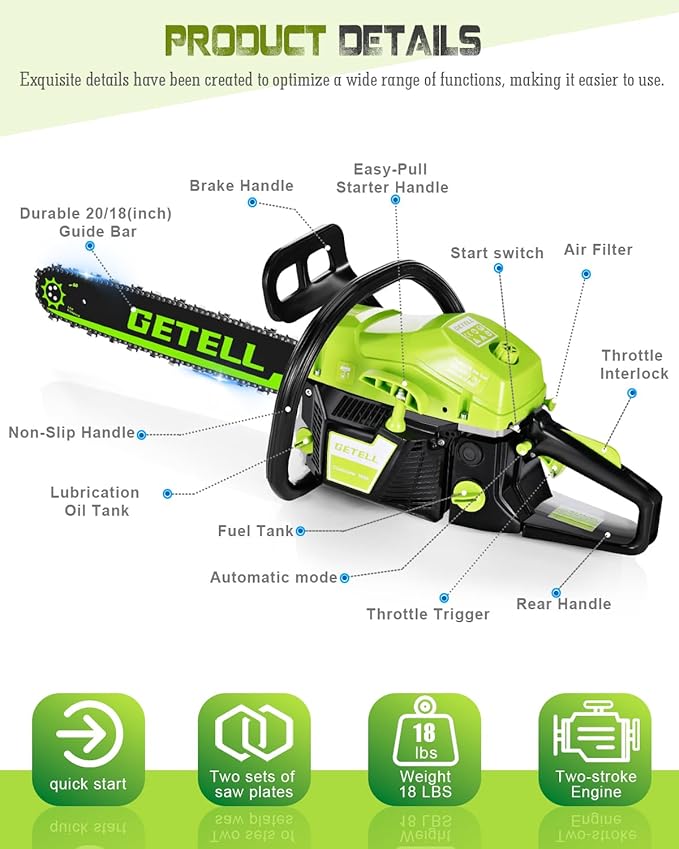Professional 58cc Gas Powered Chainsaw with Quick-Switch Dual Bar 18/20 Inch System – Heavy Duty Chain Saw with Easy-Start for Tree Cutting, Limbing & Farm Use (GEL9901)