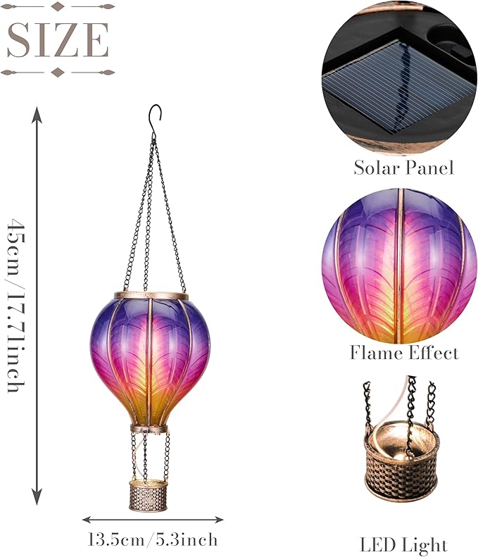 TERESA'S COLLECTIONS Hot Air Balloon Solar Lantern for Garden Decor ,Flickering Flame Hanging Solar Light for Outdoor ,Purple & Pink Plastic Lamp for Yard Tree Gift for Mom