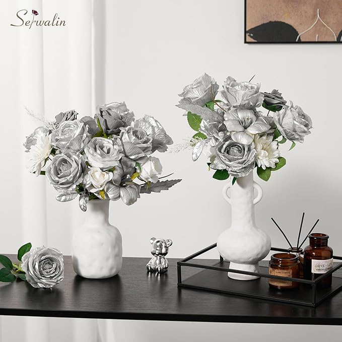 Serwalin 20pcs Artificial Silver Roses, 4'' Big Flower Head, Fake Roses Real Touch, Silk Roses Long Stems Realistic Bouquet for Wedding Parties Table Centerpiece and Home Decor