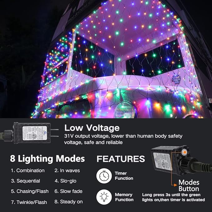 Lomotech 12ft x 5ft 360 LED Christmas Net Lights, 8 Modes Waterproof With Timer Low Voltage Connectable Mesh Lights for Trees, Bushes, Shurb, Garden, Outdoor Decoration(Green Wire, Multi-colored)