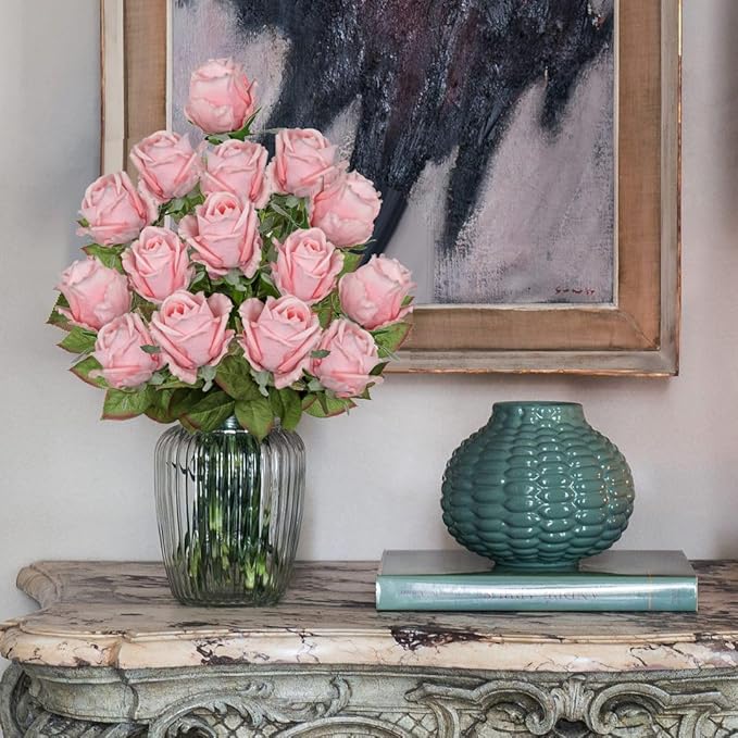 Artificial Realistic Roses Pale Pink Flowers 24" Real Touch Silk Roses Bouquet Long Stems Rose Fake Roses Decor for Home Party Wedding Table Centerpieces Roses Realistic - 5 Pcs
