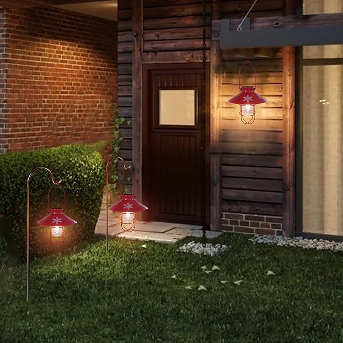 pearlstar Solar Lantern Outdoor Hanging Light Metal Solar Lamp with Warm White Edison Bulb Design for Christmas Holiday Home Garden Yard Patio Proch Decor (Red)