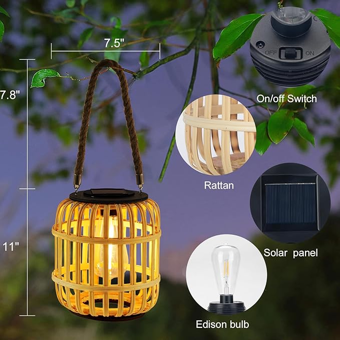 Outdoor Solar Rattan Lantern Hanging Lights with Handle, Waterproof Rattan Solar Lantern, Natural Bamboo LED Decorative Garden Lights for Yard, Patio, Wedding, Home Decoration