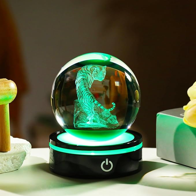 YWHL 3D Tiger Figurine Crystal Ball with Colorful Light Base, Tiger Gifts for Women Men, 3D Laser Engraved Full Sphere Glass Decorative Ball for Home Office (80mm)