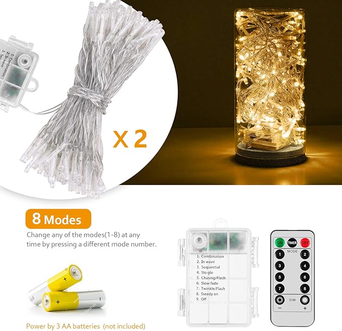2 Pack 36ft 100 LED Battery Operated String Lights with Remote Timer Waterproof 8 Modes String Lights for Bedroom, Garden, Easter, Party, Christmas Indoor and Outdoor Decorations -Warm White