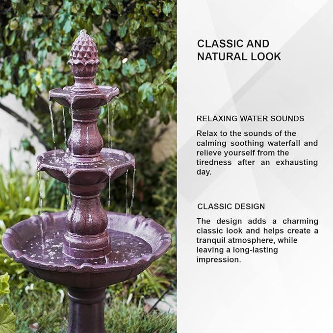 XBrand 3-Tier Freestanding Waterfall Fountain w/Pump & Pineapple Top, 51 Inch Tall, Brown, Large Outdoor Garden Fountain, Ideal for Garden, Porch, and Lawn