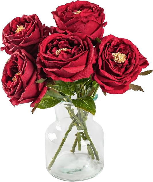 DuHouse 5Pcs Silk Roses Fake Red Roses with Stems Real Touch Rose Artificial Flowers for Arrangement Wedding Party Home Decoration