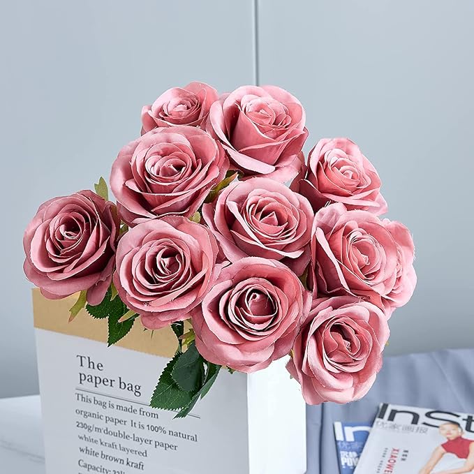 12pcs Roses Artificial Flowers Fake Roses Dusty Rose Pink Silk Roses Silk Flowers Rose with Long Stems for Wedding Home Party Centerpieces Decorations