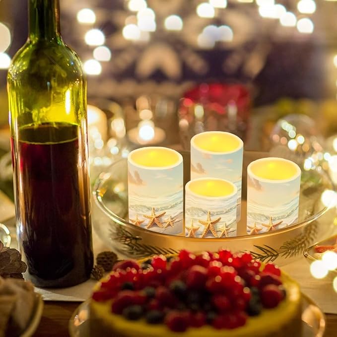 Flameless LED Candle Electric Pillar Candle with Remote Timer Color Changing Control Long Lasting Pack of 4 for Tabletop Coastal Home Indoor Decoration, Beach Gold Starfish