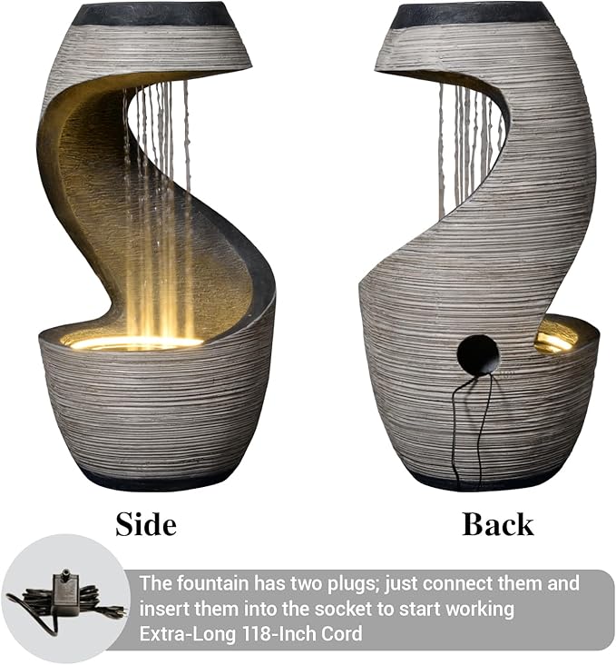 37" Tall S-Shaped Outdoor Waterfall Fountain – Rainfall Water Fountain for Garden, Patio or Backyard Decor, Floor-Standing Resin Garden Fountains Outdoor Water Feature with Flat Top for Plant Display