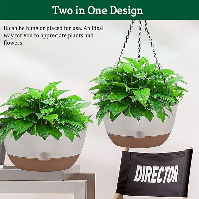 2 Pack Hanging Planters Set,10 Inch Indoor Outdoor Hanging Plant Pot Basket,Hanging Flower Pot with Drainage Hole with 3 Hooks for Garden Home(Caramel Hanger White Planters)