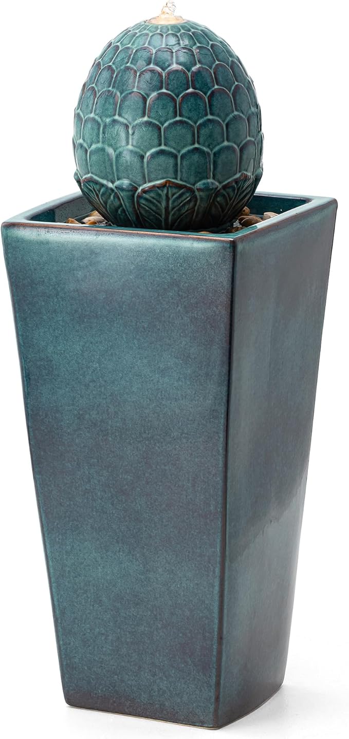 Glitzhome Ceramic Outdoor Water Fountain with LED Light, Oversized Artichoke Pedestal Water Fountains with Submersible Pump, Patio Fountain Waterfall for Garden Patio Deck Porch, Turquoise, 35.75" H